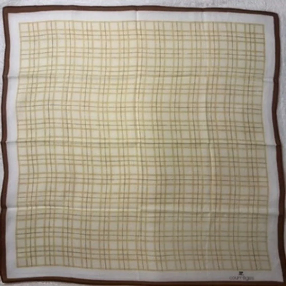 Vtg COURREGES Scarf Handkerchief Grid Check White Brown 17.5